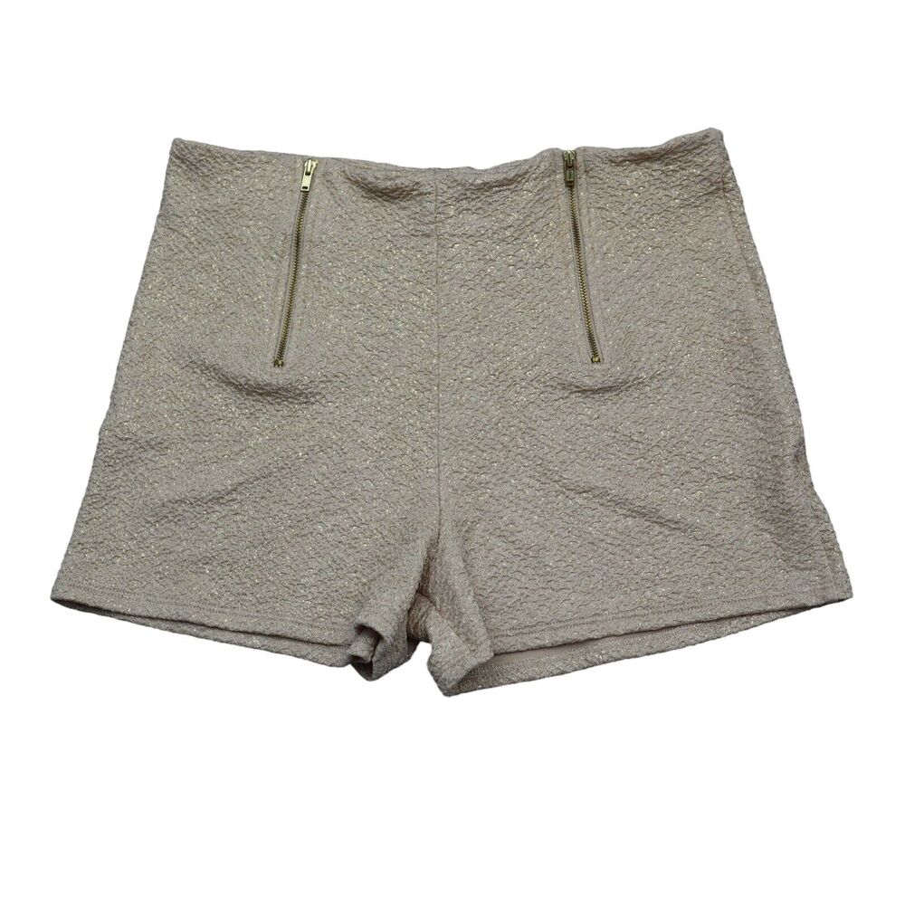 Event Shorts Womens L Beige High Waisted Metallic Pocket Zipper Wide Leg Pull On